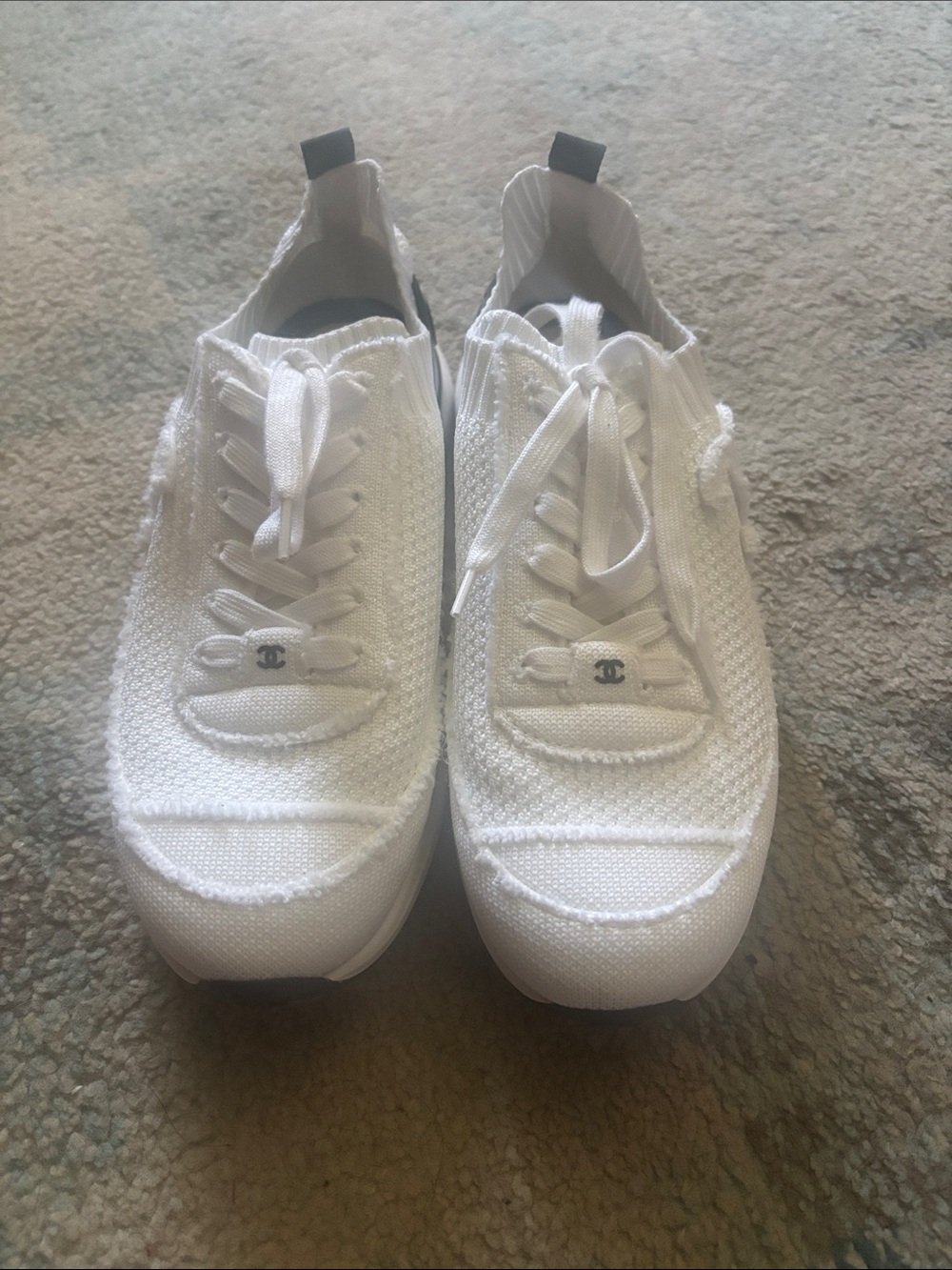 CHANEL White Knit Low-Top Lace-Up Sneakers